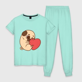 Женская пижама хлопок с принтом Мопс и Сердечко , 100% хлопок | брюки и футболка прямого кроя, без карманов, на брюках мягкая резинка на поясе и по низу штанин | Тематика изображения на принте: pug | любовь | мопс | сердце | собака
