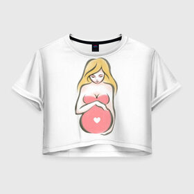 Женская футболка Cropp-top с принтом Рождение новой жизни , 100% полиэстер | круглая горловина, длина футболки до линии талии, рукава с отворотами | Тематика изображения на принте: беременная | беременность | будущая мама | девушка | для мам