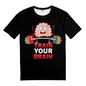 Мужская футболка 3D с принтом Train your brain , 100% полиэфир | прямой крой, круглый вырез горловины, длина до линии бедер | athlete | books | brain | cool | drops | fitness | heavy | inscription | load | slogan | sport | sweat | text | train | weight | your | атлет | брызги | вес | девиз | капли | книги | крутой | лозунг | мозг | нагрузка | надпись | очки | пот | при