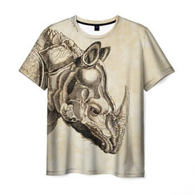 Мужская футболка 3D с принтом Носорог (гравюра Дюрера) , 100% полиэфир | прямой крой, круглый вырез горловины, длина до линии бедер | Тематика изображения на принте: rhinoceros | гравюра | индия | латы | млекопитающий | непарнокопытный | рог | холст | чешуя