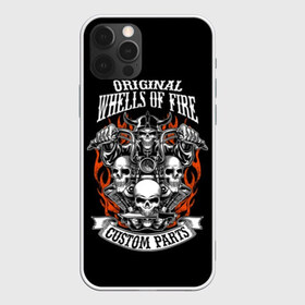 Чехол для iPhone 12 Pro Max с принтом Whells of fire , Силикон |  | biker | death | emblem | fire | flame | hel | knife | logo | motorcycle | retro | sign | skeleton | skull | slogan | vintage | байкер | винтаж | девиз | детали | знак | каска | логотип | лозунг | мотоцикл | мотоциклист | надпись | нестандартные | нож | ог