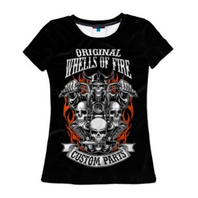 Женская футболка 3D с принтом Whells of fire , 100% полиэфир ( синтетическое хлопкоподобное полотно) | прямой крой, круглый вырез горловины, длина до линии бедер | biker | death | emblem | fire | flame | hel | knife | logo | motorcycle | retro | sign | skeleton | skull | slogan | vintage | байкер | винтаж | девиз | детали | знак | каска | логотип | лозунг | мотоцикл | мотоциклист | надпись | нестандартные | нож | ог
