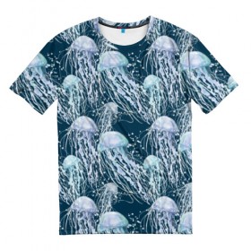 Мужская футболка 3D с принтом Медузы , 100% полиэфир | прямой крой, круглый вырез горловины, длина до линии бедер | bubbles | cant | depth | dome | float | flock | jellyfish | long | mirror | sea | shimmer | tails | transparent | water | вода | глубина | длинные | зеркальное | косяк | купол | медузы | мерцание | море | плывут | прозрачные | пузыри | стая | хвосты