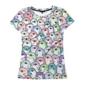 Женская футболка 3D с принтом Цветные Пингвинчики , 100% полиэфир ( синтетическое хлопкоподобное полотно) | прямой крой, круглый вырез горловины, длина до линии бедер | colors | cute | детский | лапочка | милый | мимими | паттерн | пингвин | северный полюс | стая | толпа