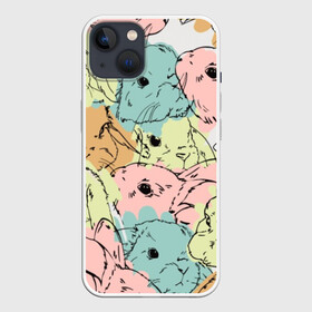 Чехол для iPhone 13 с принтом Акварельные Зайки ,  |  | зая | заяц | кисти | кляксы | краски | кролик | мазки | милый | мимими | пушистый | пятна | рисунок | цветной | ценный мех