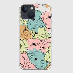 Чехол для iPhone 13 mini с принтом Акварельные Зайки ,  |  | Тематика изображения на принте: зая | заяц | кисти | кляксы | краски | кролик | мазки | милый | мимими | пушистый | пятна | рисунок | цветной | ценный мех