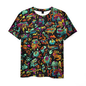 Мужская футболка 3D с принтом Кислотный Диджей , 100% полиэфир | прямой крой, круглый вырез горловины, длина до линии бедер | dj | живопись | кислота | краски | монстры | музыка | пластинка | психоделика | яркий
