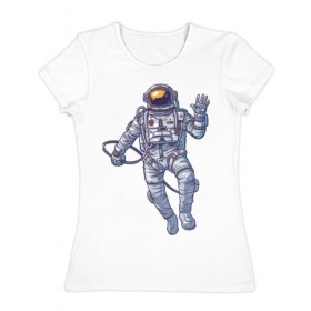 Женская футболка хлопок с принтом Космонавт BIGSPACE , 100% хлопок | прямой крой, круглый вырез горловины, длина до линии бедер, слегка спущенное плечо | без фона | космонавт | космос