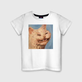 Детская футболка хлопок с принтом МЕМ КОТ , 100% хлопок | круглый вырез горловины, полуприлегающий силуэт, длина до линии бедер | искусство | кот | кот мем | котомем | коты мемы | кошка | кошка мем | лицо | лицо кота | лицо кошки | мем | мем кот | мем кошка | нарисованный | перекосившиеся лицо | рисунок | рожа кота