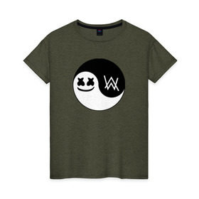 Женская футболка хлопок с принтом Marshmello VS Alan Walker , 100% хлопок | прямой крой, круглый вырез горловины, длина до линии бедер, слегка спущенное плечо | Тематика изображения на принте: 