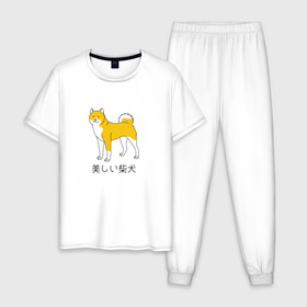 Мужская пижама хлопок с принтом Shiba Dog , 100% хлопок | брюки и футболка прямого кроя, без карманов, на брюках мягкая резинка на поясе и по низу штанин
 | doge | иероглифы | китай | китайский | пес | сиба ину дож | собака | япония | японский