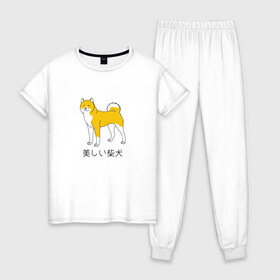 Женская пижама хлопок с принтом Shiba Dog , 100% хлопок | брюки и футболка прямого кроя, без карманов, на брюках мягкая резинка на поясе и по низу штанин | doge | иероглифы | китай | китайский | пес | сиба ину дож | собака | япония | японский