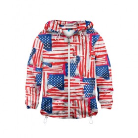 Детская ветровка 3D с принтом Флаг США Американский стиль , 100% полиэстер | подол и капюшон оформлены резинкой с фиксаторами, по бокам два кармана без застежек, один потайной карман на груди | 