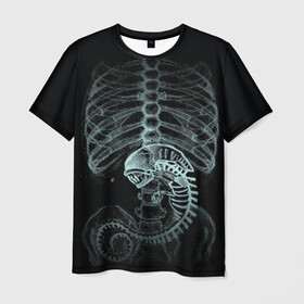 Мужская футболка 3D с принтом Чужой на Рентгене  , 100% полиэфир | прямой крой, круглый вырез горловины, длина до линии бедер | alien | больница | больной | внутренний мир | врач | клиника | кости | пациент | ребра | рентген | скелет | снимок | хищник