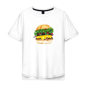 Мужская футболка хлопок Oversize с принтом Акварельный Бургер , 100% хлопок | свободный крой, круглый ворот, “спинка” длиннее передней части | Тематика изображения на принте: 