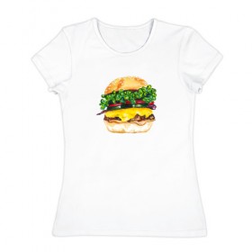 Женская футболка хлопок с принтом Акварельный Бургер , 100% хлопок | прямой крой, круглый вырез горловины, длина до линии бедер, слегка спущенное плечо | 