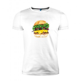 Мужская футболка премиум с принтом Акварельный Бургер , 92% хлопок, 8% лайкра | приталенный силуэт, круглый вырез ворота, длина до линии бедра, короткий рукав | 