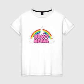 Женская футболка хлопок с принтом Хеви метал , 100% хлопок | прямой крой, круглый вырез горловины, длина до линии бедер, слегка спущенное плечо | единорог | музыка | облака | радуга | рок | хеви метал