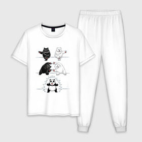 Мужская пижама хлопок с принтом Панда превращение , 100% хлопок | брюки и футболка прямого кроя, без карманов, на брюках мягкая резинка на поясе и по низу штанин
 | 