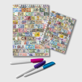 Блокнот с принтом Деньги мира , 100% бумага | 48 листов, плотность листов — 60 г/м2, плотность картонной обложки — 250 г/м2. Листы скреплены удобной пружинной спиралью. Цвет линий — светло-серый
 | chf | eur | gbp | jpy | usd | баксы | банкноты | валюта | доллар | евро | купюры | паунд | рубль. | свисси | финансы | фунт стерлингов | швейцарский франк | японская йена