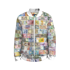Детский бомбер 3D с принтом Деньги мира , 100% полиэстер | застегивается на молнию, по бокам два кармана без застежек, мягкие манжеты, по низу бомбера и на воротнике — эластичная резинка | chf | eur | gbp | jpy | usd | баксы | банкноты | валюта | доллар | евро | купюры | паунд | рубль. | свисси | финансы | фунт стерлингов | швейцарский франк | японская йена