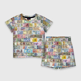 Детский костюм с шортами 3D с принтом Деньги мира ,  |  | chf | eur | gbp | jpy | usd | баксы | банкноты | валюта | доллар | евро | купюры | паунд | рубль. | свисси | финансы | фунт стерлингов | швейцарский франк | японская йена