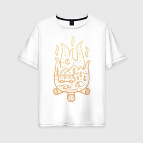 Женская футболка хлопок Oversize с принтом Путешествие , 100% хлопок | свободный крой, круглый ворот, спущенный рукав, длина до линии бедер
 | автобус | горы | звёзды | кемпинг | костёр | лес | огонь | палатка | приключение | природа | туризм | турист