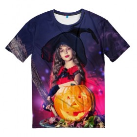 Мужская футболка 3D с принтом Маленькая ведьма , 100% полиэфир | прямой крой, круглый вырез горловины, длина до линии бедер | beautiful | crimson | cute | dress | girl | gloves | hair | halloween | hat | holiday | little | long | night | pumpkin | red | smoke | witch | ведьма | волосы | д | девочка | держит | дым | красивая | красная | маленькая | малиновый | метла | милая | ноч
