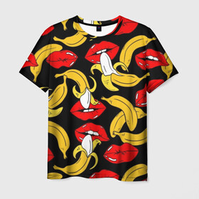 Мужская футболка 3D с принтом Губы и бананы , 100% полиэфир | прямой крой, круглый вырез горловины, длина до линии бедер | Тематика изображения на принте: background | bananas | black | drawing | erotic | food | fruit | lips | red | womens | бананы | губы | еда | женские | красные | рисунок | фон | фрукты | черный