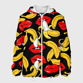 Мужская куртка 3D с принтом Губы и бананы , ткань верха — 100% полиэстер, подклад — флис | прямой крой, подол и капюшон оформлены резинкой с фиксаторами, два кармана без застежек по бокам, один большой потайной карман на груди. Карман на груди застегивается на липучку | background | bananas | black | drawing | erotic | food | fruit | lips | red | womens | бананы | губы | еда | женские | красные | рисунок | фон | фрукты | черный