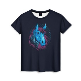 Женская футболка 3D с принтом Лошадь Неон , 100% полиэфир ( синтетическое хлопкоподобное полотно) | прямой крой, круглый вырез горловины, длина до линии бедер | horse | neon | конь | лошади | лошадь | неон | ретро