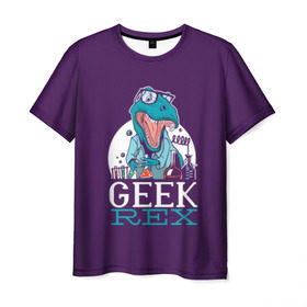 Мужская футболка 3D с принтом Geek Rex , 100% полиэфир | прямой крой, круглый вырез горловины, длина до линии бедер | geek | rex | дино | динозавр | рекс | ученый | физик | физика | химик | химия