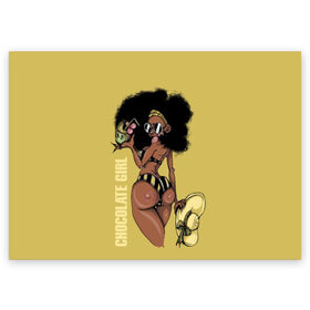 Поздравительная открытка с принтом Chocolate girl , 100% бумага | плотность бумаги 280 г/м2, матовая, на обратной стороне линовка и место для марки
 | africa | african | beautiful | big | black | chocolate | cocktail | exotic | girl | hat | look | round | slim | sunny | turn | африка | большие | взгляд | девушка | держит | коктейль | красивая | круглы | купальник | надпись | очки | полосатый |