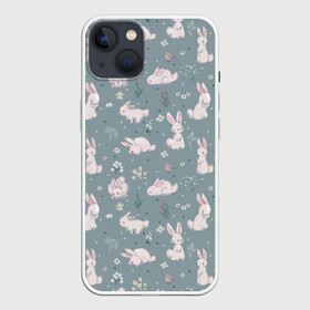 Чехол для iPhone 13 с принтом Зайцы на лужайке ,  |  | animals | birds | butterflies | eared | field | flowers | hares | lawn | meadow | pink | rabbits | small | sports | summer | бабочки | животные | зайцы | кролики | лето | лужайка | маленькие | полевые | поляна | птицы | резвятся | розовые | ушастые | цвет