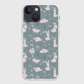 Чехол для iPhone 13 mini с принтом Зайцы на лужайке ,  |  | animals | birds | butterflies | eared | field | flowers | hares | lawn | meadow | pink | rabbits | small | sports | summer | бабочки | животные | зайцы | кролики | лето | лужайка | маленькие | полевые | поляна | птицы | резвятся | розовые | ушастые | цвет