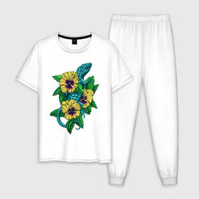 Мужская пижама хлопок с принтом Ящерка , 100% хлопок | брюки и футболка прямого кроя, без карманов, на брюках мягкая резинка на поясе и по низу штанин
 | цветы | ящерица