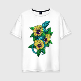 Женская футболка хлопок Oversize с принтом Ящерка , 100% хлопок | свободный крой, круглый ворот, спущенный рукав, длина до линии бедер
 | Тематика изображения на принте: цветы | ящерица
