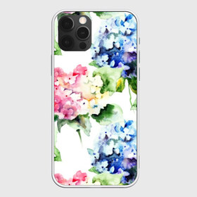 Чехол для iPhone 12 Pro Max с принтом Акварель гортензии , Силикон |  | art | blue | bouquet | flora | flowers | hydrangea | indoor | leaves | lilac | nature | painting | petals | pink | watercolor | акварель | букет | гортензии | живопись | искусство | комнатные | лепестки | листья | природа | розовые | синий | сиреневые | ф