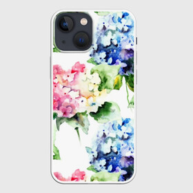 Чехол для iPhone 13 mini с принтом Акварель, гортензии ,  |  | art | blue | bouquet | flora | flowers | hydrangea | indoor | leaves | lilac | nature | painting | petals | pink | watercolor | акварель | букет | гортензии | живопись | искусство | комнатные | лепестки | листья | природа | розовые | синий | сиреневые | ф