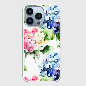 Чехол для iPhone 13 Pro с принтом Акварель, гортензии ,  |  | art | blue | bouquet | flora | flowers | hydrangea | indoor | leaves | lilac | nature | painting | petals | pink | watercolor | акварель | букет | гортензии | живопись | искусство | комнатные | лепестки | листья | природа | розовые | синий | сиреневые | ф