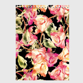 Скетчбук с принтом Розы , 100% бумага
 | 48 листов, плотность листов — 100 г/м2, плотность картонной обложки — 250 г/м2. Листы скреплены сверху удобной пружинной спиралью | art | background | black | flora | flowers | leaves | nature | painting | pattern | petals | pink | plants | red | roses | watercolor | акварель | живопись | искусство | красные | лепестки | листья | природа | растения | розовые | розы | узор | флора | фо