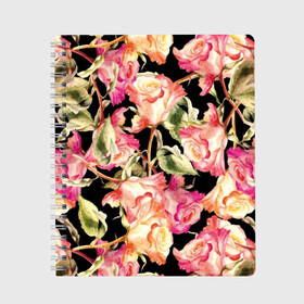 Тетрадь с принтом Розы , 100% бумага | 48 листов, плотность листов — 60 г/м2, плотность картонной обложки — 250 г/м2. Листы скреплены сбоку удобной пружинной спиралью. Уголки страниц и обложки скругленные. Цвет линий — светло-серый
 | Тематика изображения на принте: art | background | black | flora | flowers | leaves | nature | painting | pattern | petals | pink | plants | red | roses | watercolor | акварель | живопись | искусство | красные | лепестки | листья | природа | растения | розовые | розы | узор | флора | фо