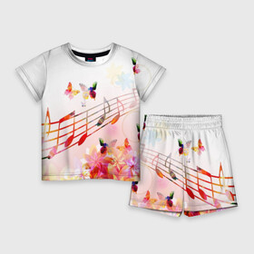 Детский костюм с шортами 3D с принтом Ноты весна ,  |  | Тематика изображения на принте: music | абстракция | книга | листы | музыка | музыкальный | ноты | произведение | страница | тетрадь