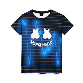 Женская футболка 3D с принтом Marshmello , 100% полиэфир ( синтетическое хлопкоподобное полотно) | прямой крой, круглый вырез горловины, длина до линии бедер | christopher comstock | dj | marshmello | music | диджей | клубная музыка | клубняк | крис комсток | логотип | маршмеллоу | музыка