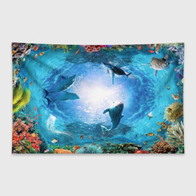 Флаг-баннер с принтом Дельфины , 100% полиэстер | размер 67 х 109 см, плотность ткани — 95 г/м2; по краям флага есть четыре люверса для крепления | fish | аква | аквариум | вода | кораллы | море | океан | ракушки | рыбки | рыбы