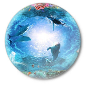 Значок с принтом Дельфины ,  металл | круглая форма, металлическая застежка в виде булавки | fish | аква | аквариум | вода | кораллы | море | океан | ракушки | рыбки | рыбы