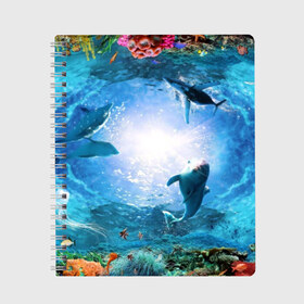 Тетрадь с принтом Дельфины , 100% бумага | 48 листов, плотность листов — 60 г/м2, плотность картонной обложки — 250 г/м2. Листы скреплены сбоку удобной пружинной спиралью. Уголки страниц и обложки скругленные. Цвет линий — светло-серый
 | Тематика изображения на принте: fish | аква | аквариум | вода | кораллы | море | океан | ракушки | рыбки | рыбы
