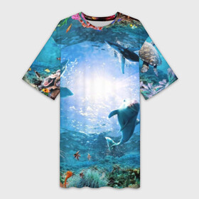Платье-футболка 3D с принтом Дельфины ,  |  | fish | аква | аквариум | вода | кораллы | море | океан | ракушки | рыбки | рыбы