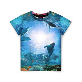 Детская футболка 3D с принтом Дельфины , 100% гипоаллергенный полиэфир | прямой крой, круглый вырез горловины, длина до линии бедер, чуть спущенное плечо, ткань немного тянется | fish | аква | аквариум | вода | кораллы | море | океан | ракушки | рыбки | рыбы