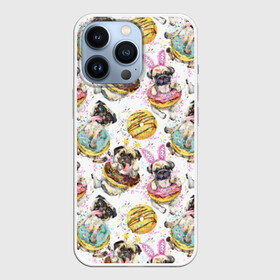 Чехол для iPhone 13 Pro с принтом Мопсы с пончиками ,  |  | акварель | брызги | еда | заячьи | искусство | капли | карнавал | кляксы | мопсы | очки | пончики | порода | розовые | сладость | собаки | узор | уши